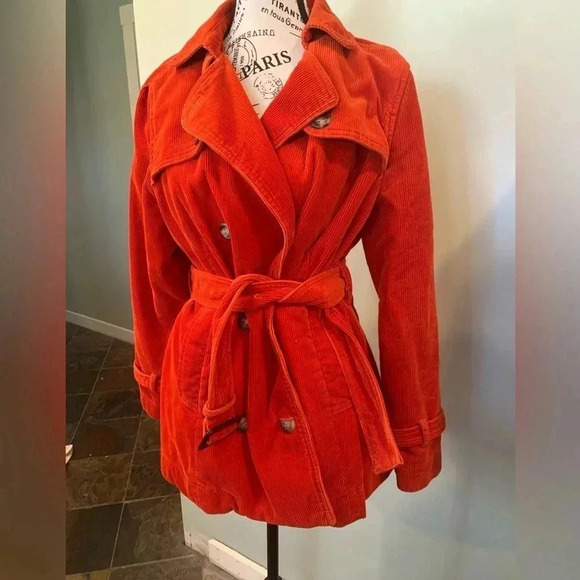 L.L. Bean Jackets & Blazers - L.L.Bean Orange Corduroy Belted Spring Coat Jacket Women’s Small Petite